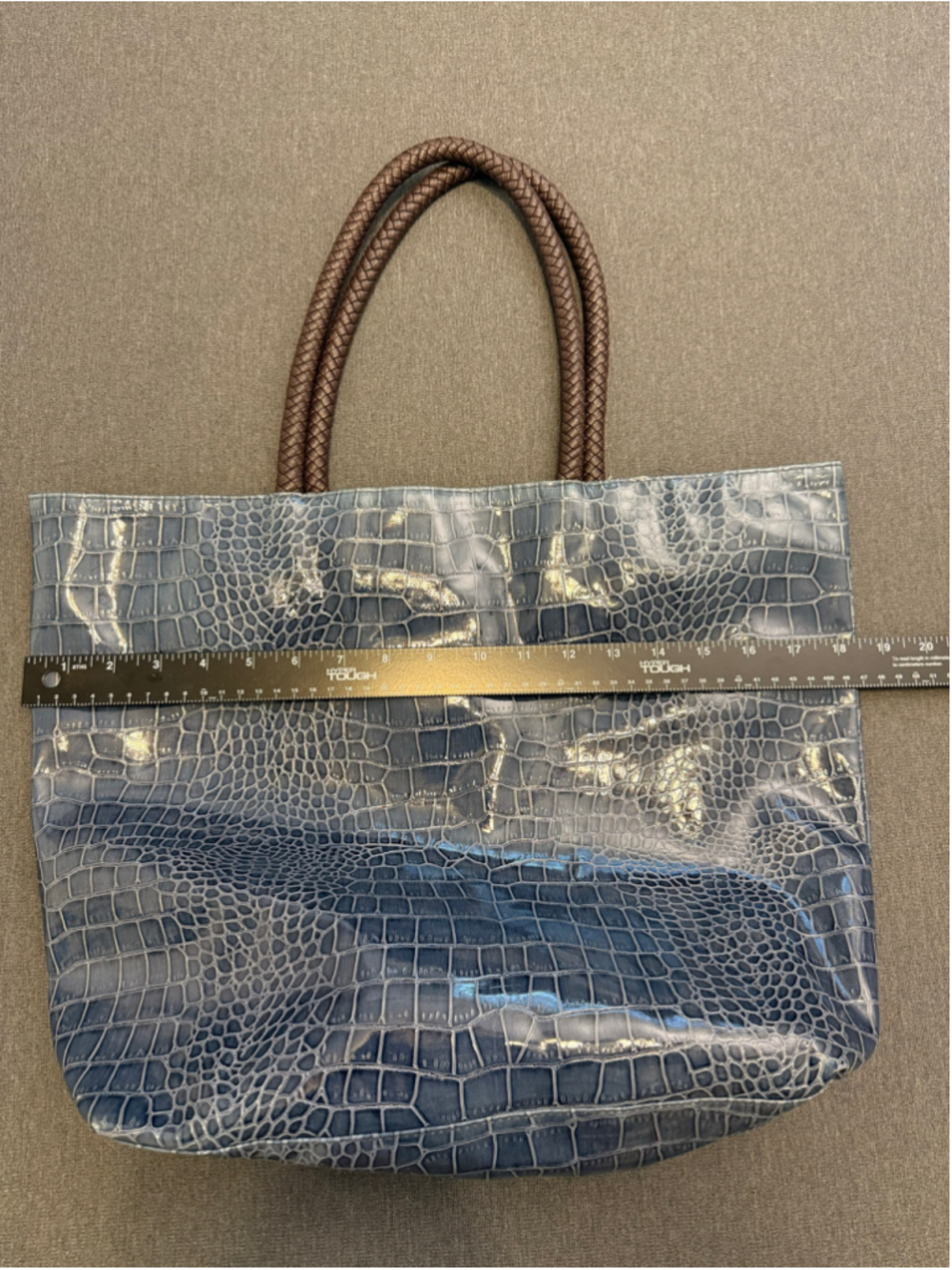 Neiman Marcus Blue Faux Croc Embossed Tote Bag, Like New - Picture 3 of 8